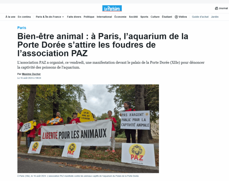 capture d'écran article Le Parisien sur une manifestation de PAZ devant l'Aquarium de la Porte Dorée à Paris.